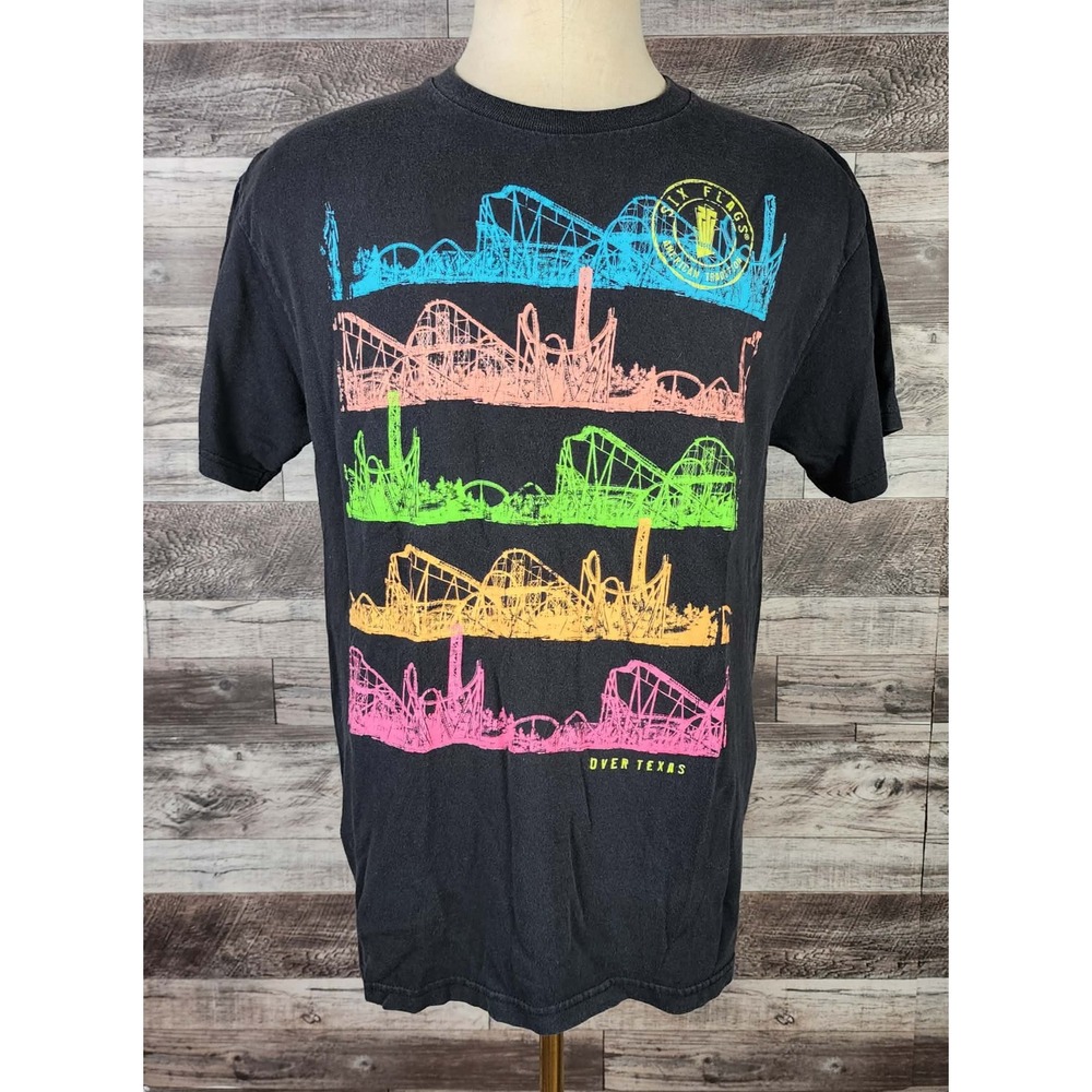 Six Flags Over Texas Roller Coaster Graphic T-Shirt Mens Large Black Neon Tee